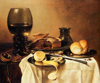 Pieter Claesz : Breakfast Still Life With Roemer, Meat Pie, Lemon And Bread